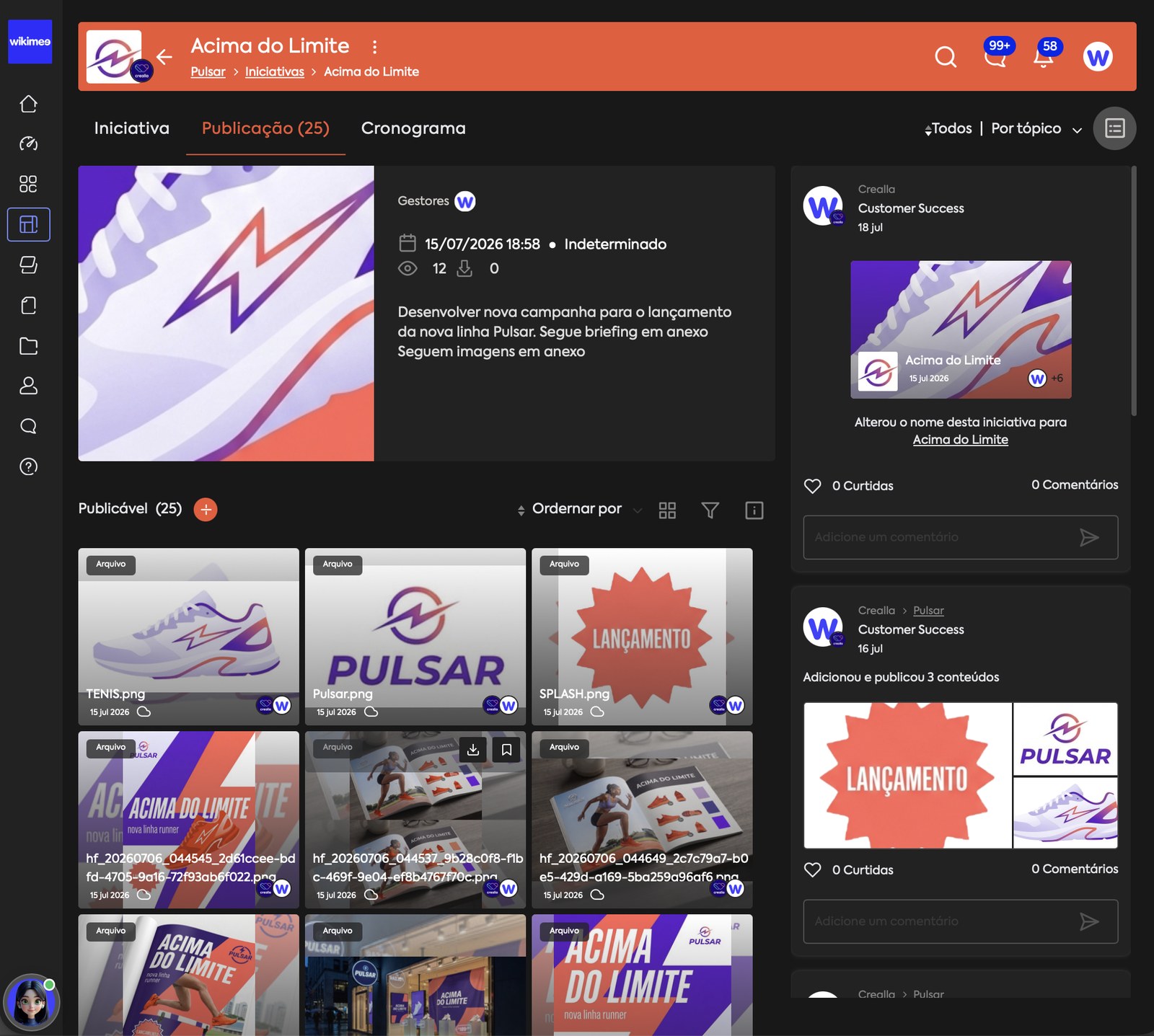 Pantalla de Wikimee: publicación de la campaña con el feed de comentarios del equipo